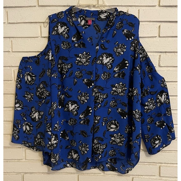 Vince Camuto Cold Shoulder Long Sleeve Floral Blouse – Size 1X Blue &‎ Black Top - Picture 1 of 6